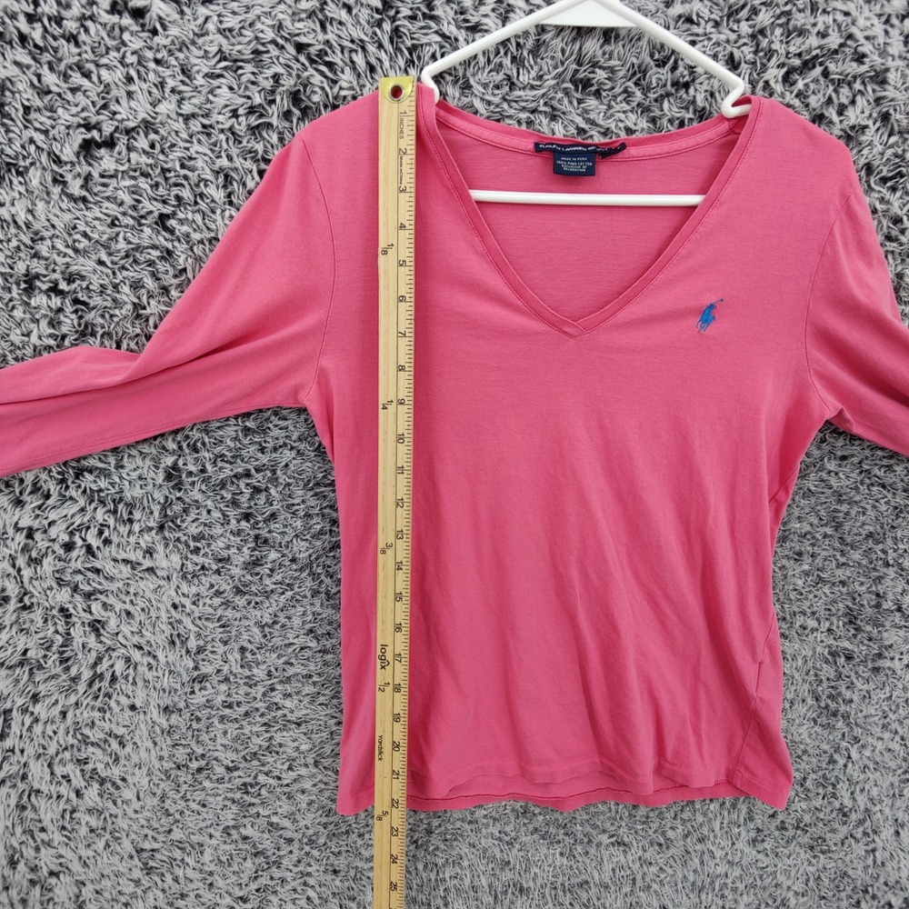 Ralph Lauren Sport Womens Preppy V-Neck Long Sleeve Tee L Pink Pima Cotton Pony - Picture 3 of 15